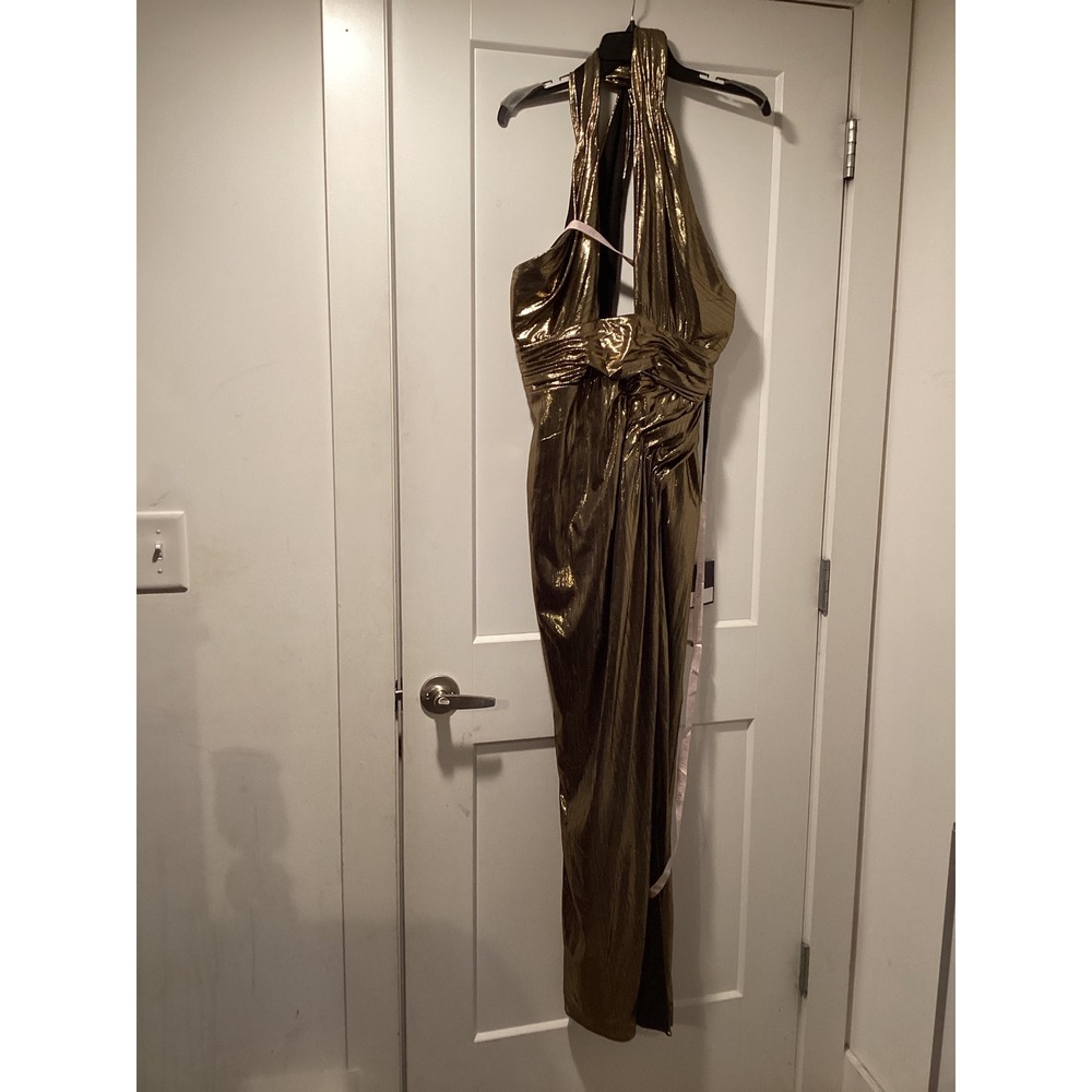 Ieena for Mac Duggal Gold Metallic Halter Gown High Slit Formal Dress 14 - Picture 2 of 11